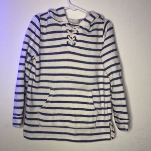 White sweatshirt with blue stripes